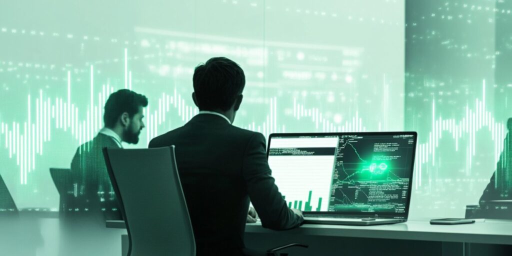 Um profissional sentado à mesa, analisando dados financeiros exibidos na tela do laptop, com gráficos digitais e análises projetadas ao fundo.