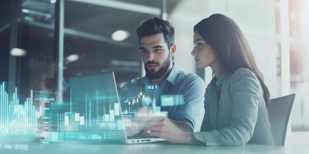 Um homem e uma mulher colaboram na análise de dados exibidos na tela do laptop, rodeados por gráficos virtuais e visualizações de dados.